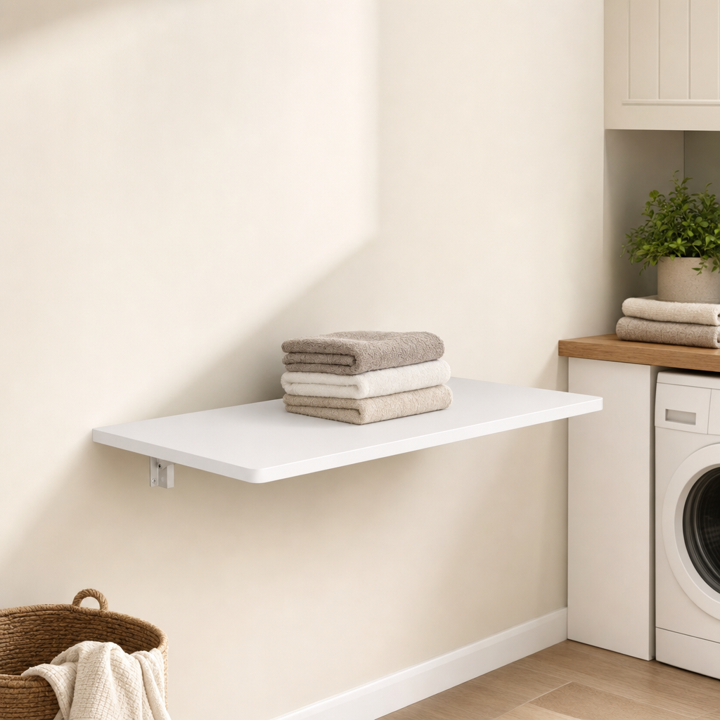 LIND Fold Table lifestyle image for a calm laundry room setup.