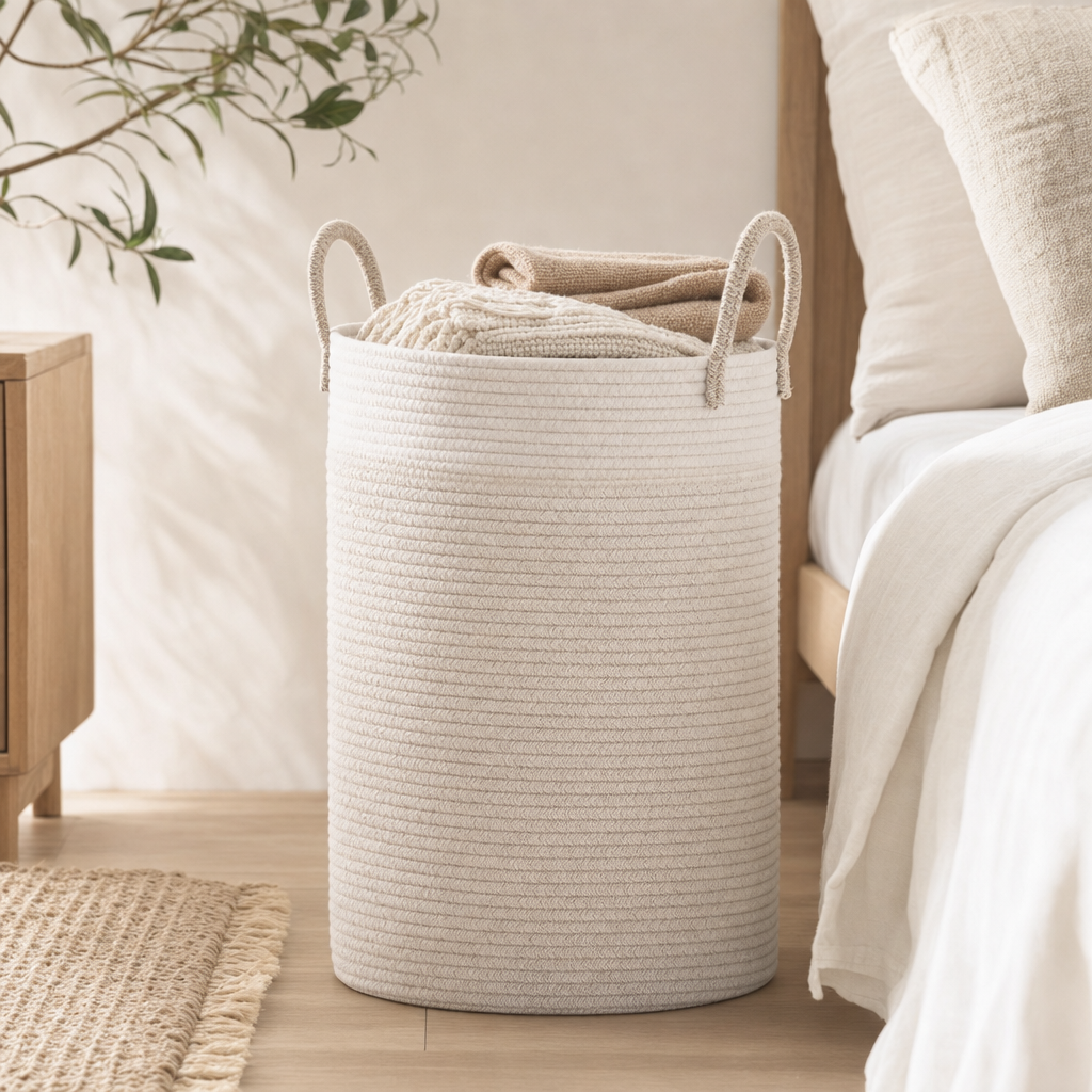 LIND Cloud Hamper lifestyle image for a calm laundry room setup.