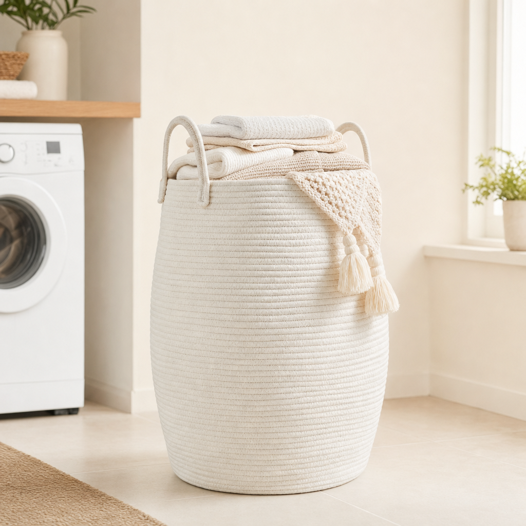 LIND Everyday Hamper lifestyle image for a calm laundry room setup.
