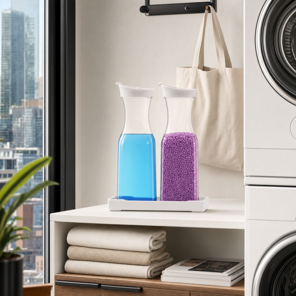 LIND Pure Pour detergent dispenser set of 2, lifestyle image for a calm laundry room setup.