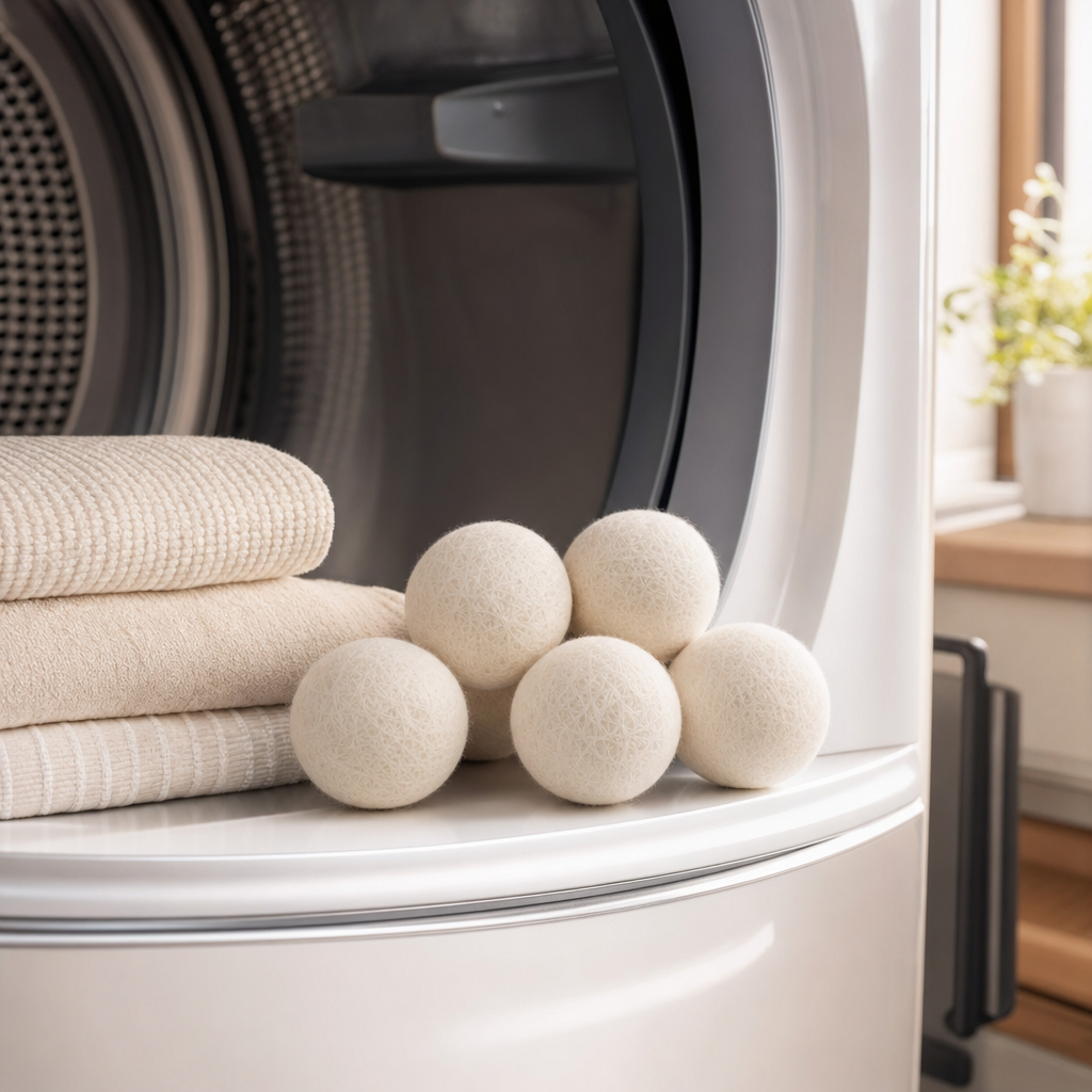 LIND Dryer Balls lifestyle image for a calm laundry room setup.