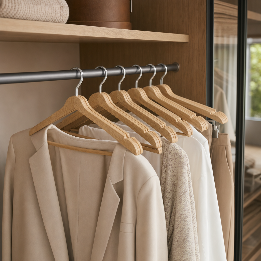 LIND Wood Hangers lifestyle image for a calm laundry room setup.
