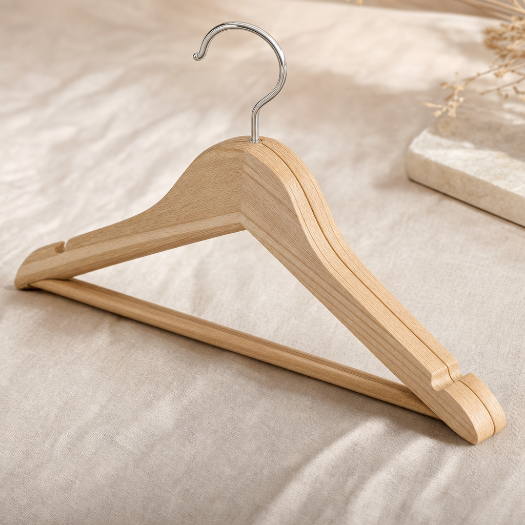 LIND Wood Hangers close-up image for a calm laundry room setup.