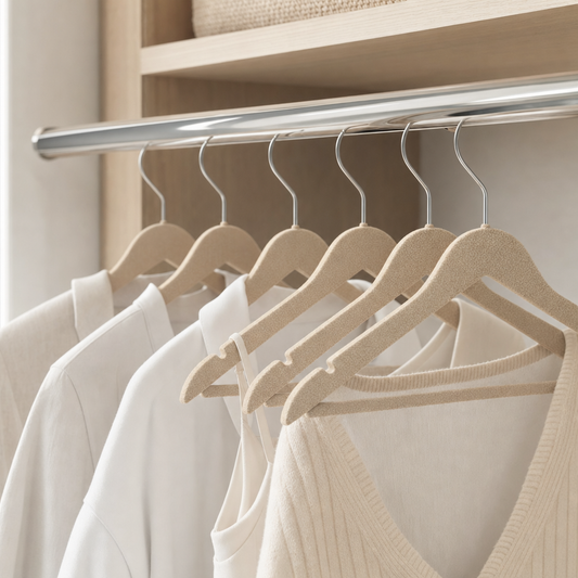 LIND Velvet Hanger Set lifestyle image for a calm laundry room setup.