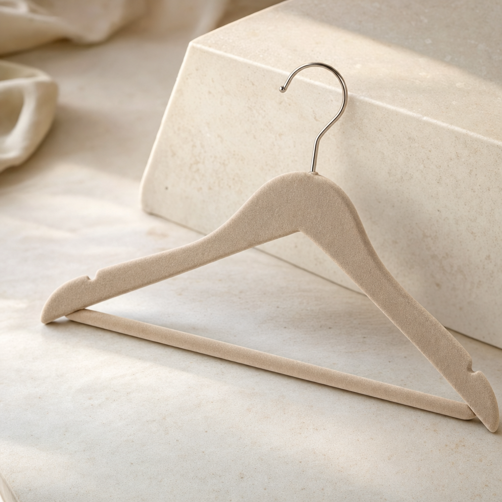 LIND Velvet Hanger Set close-up image for a calm laundry room setup.