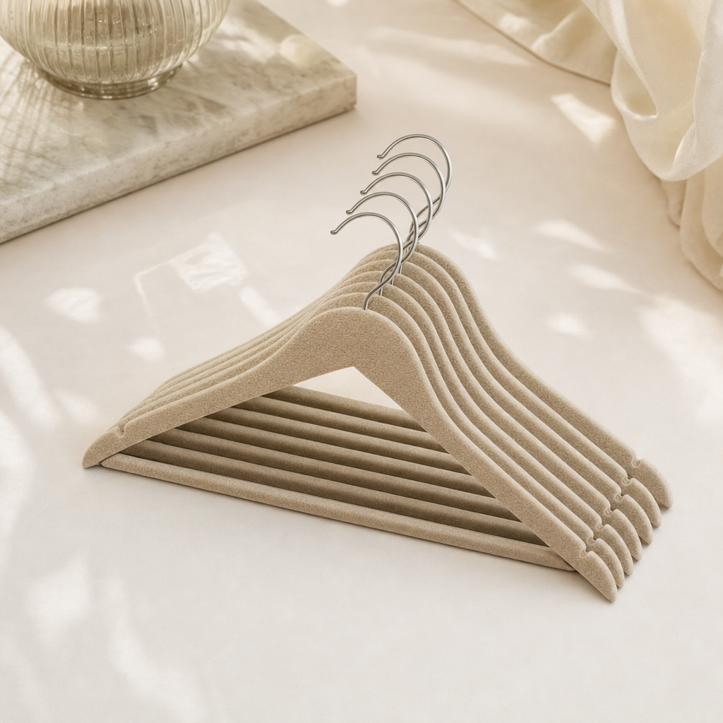 LIND Velvet Hanger Set scale image for a calm laundry room setup.