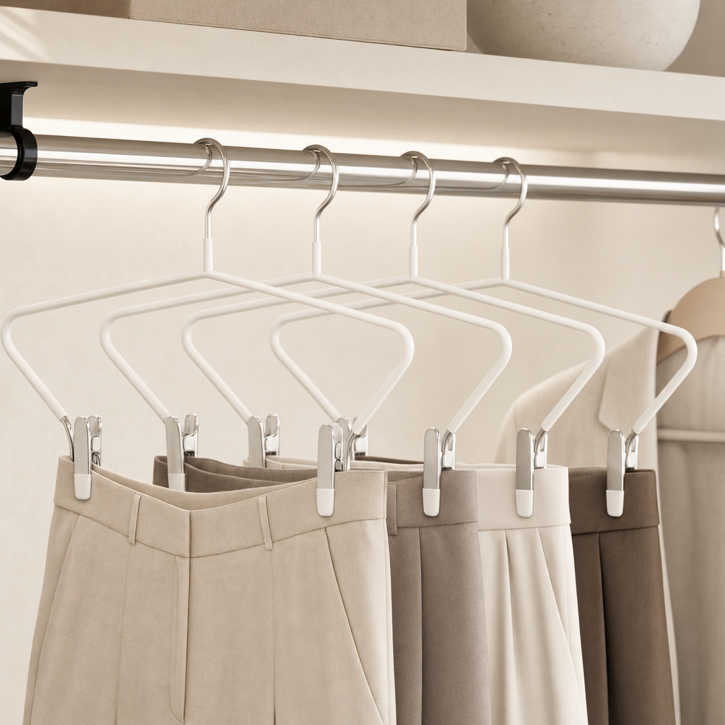 LIND Trouser Hanger Set lifestyle image for a calm laundry room setup.