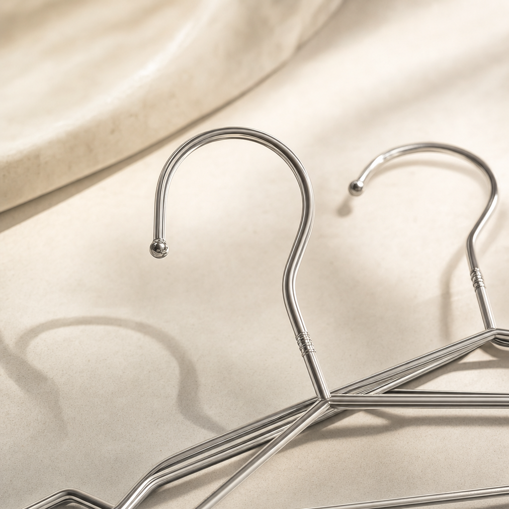 LIND Steel Hanger Set close-up image for a calm laundry room setup.