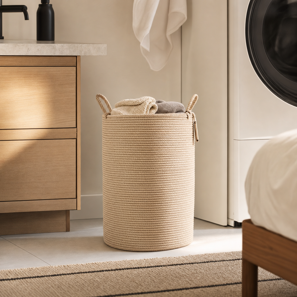 LIND Oatmeal Hamper lifestyle image for a calm laundry room setup.