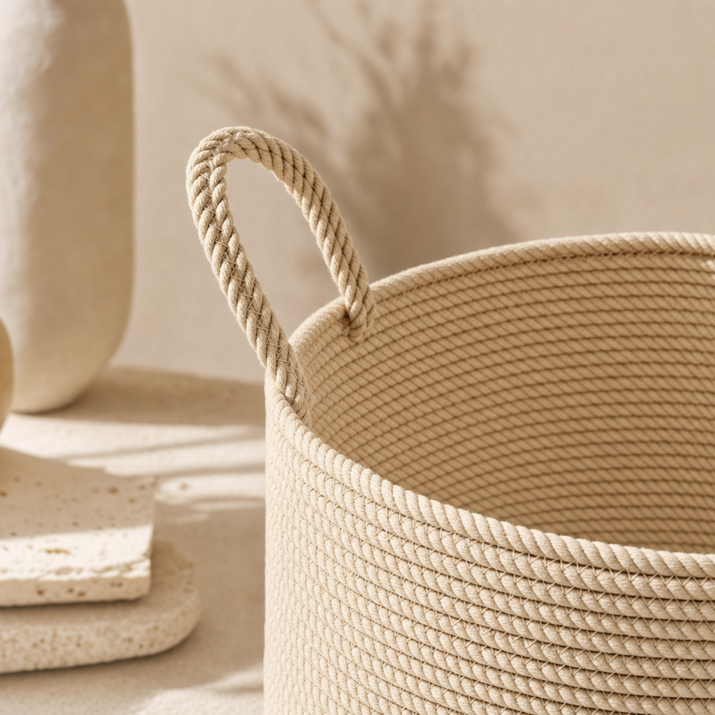 LIND Oatmeal Hamper close-up image for a calm laundry room setup.