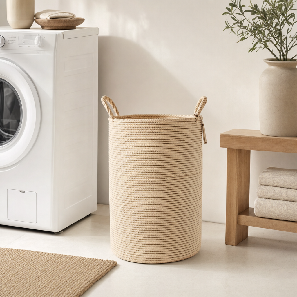 LIND Oatmeal Hamper scale image for a calm laundry room setup.