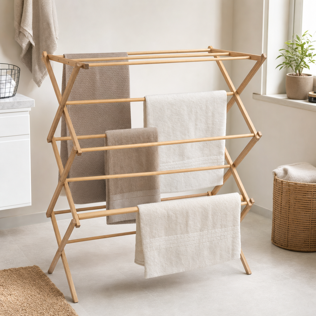 LIND Folding Rack lifestyle image for a calm laundry room setup.