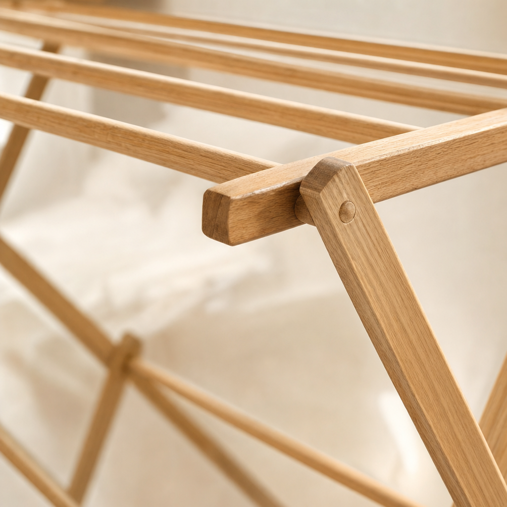 LIND Folding Rack close-up image for a calm laundry room setup.
