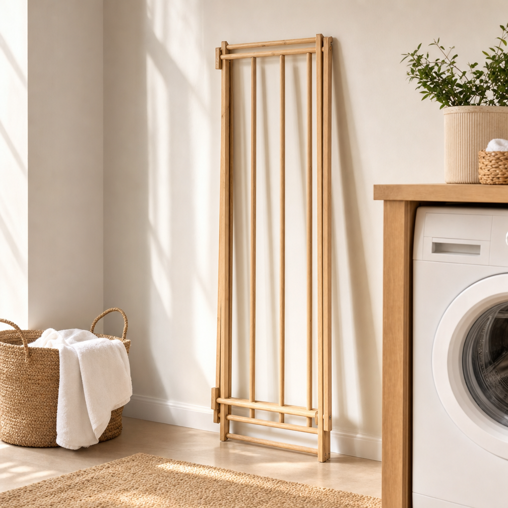 LIND Folding Rack scale image for a calm laundry room setup.