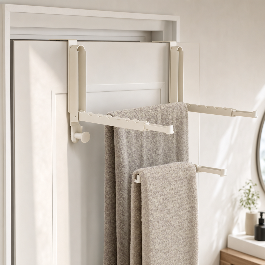 LIND Door Rack lifestyle image for a calm laundry room setup.