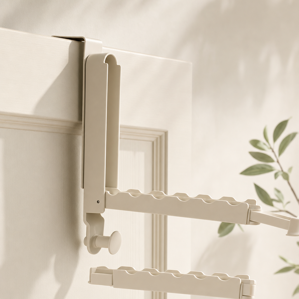 LIND Door Rack close-up image for a calm laundry room setup.