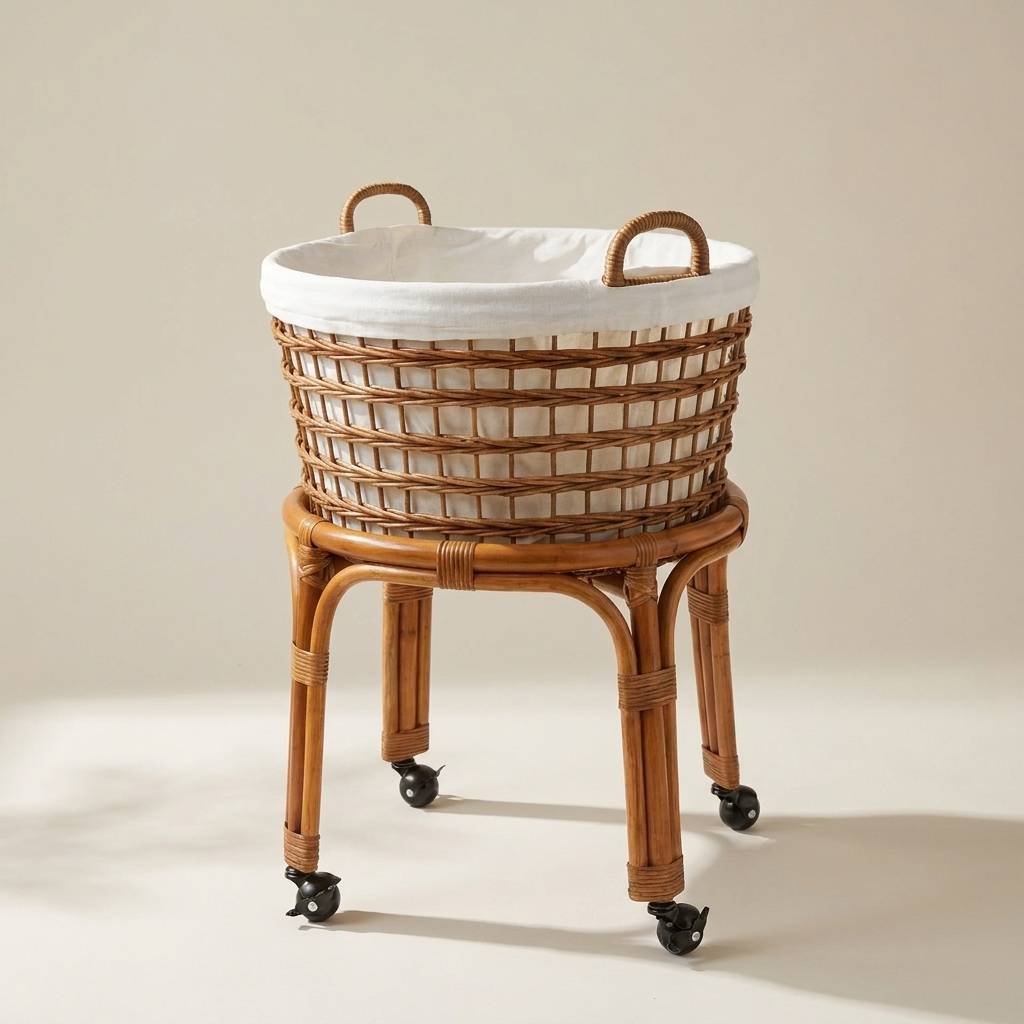 Handwoven rattan Haven Hamper with a cotton liner on a warm neutral background.
