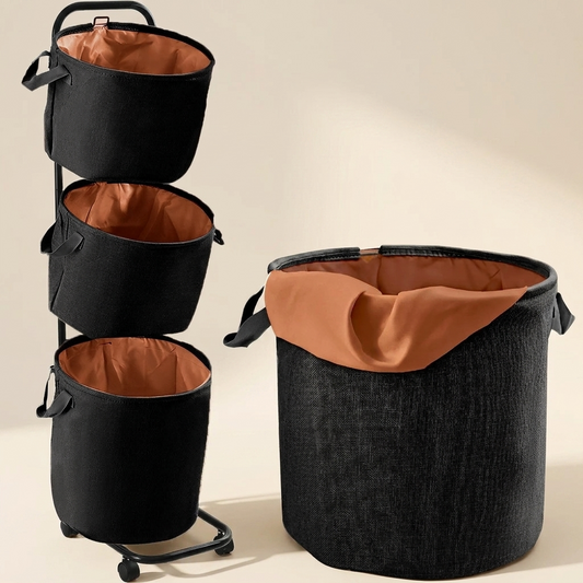 Three-tier Sort Station rolling laundry sorter with removable baskets on a warm neutral background.