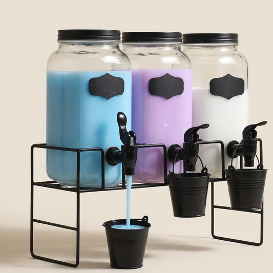 Glass Pure Pour detergent dispensers with taps on a warm neutral background.
