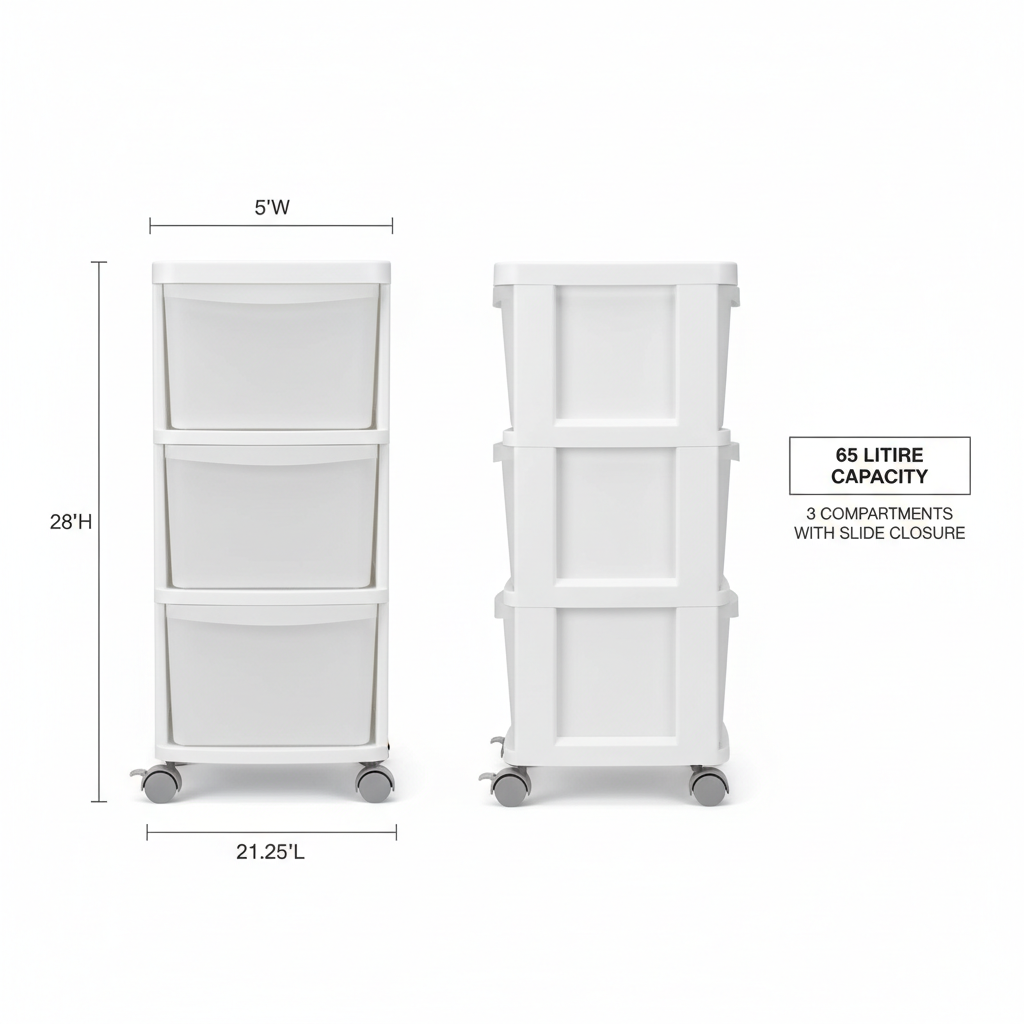 Slim 3-tier rolling storage cart size diagram showing 21.25"L x 5"W x 28"H dimensions