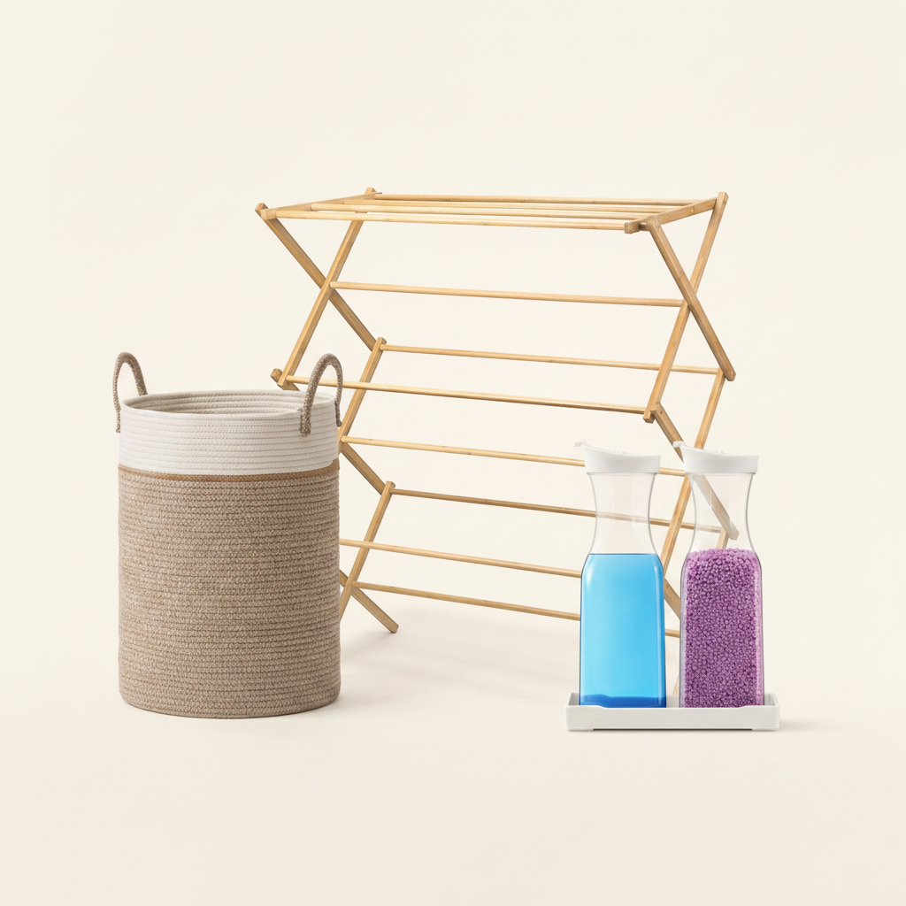 Laundry room bundle showing woven rope hamper, wooden drying rack and refillable detergent dispensers