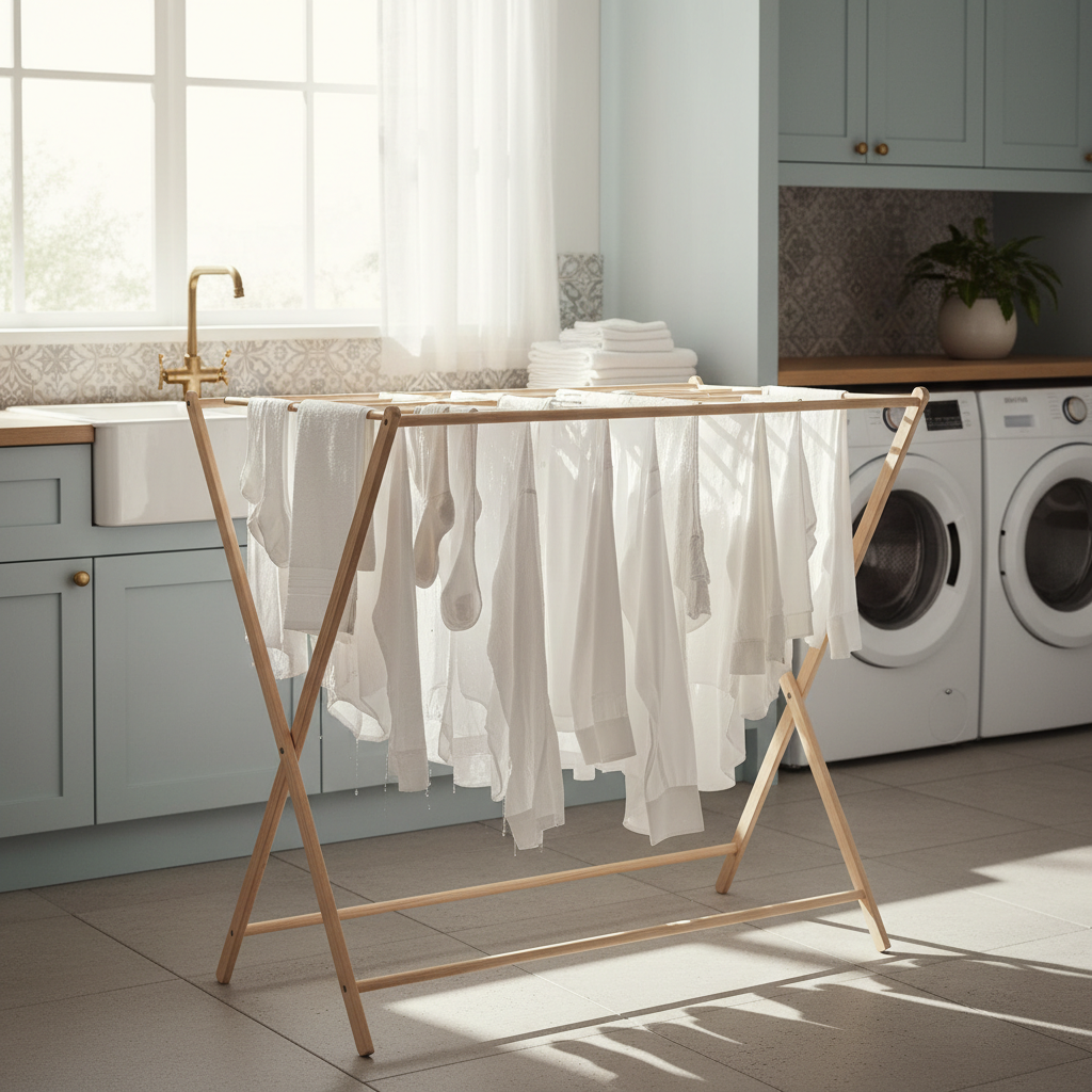 Wooden drying rack with laundry hanging in a bright airy laundry room
