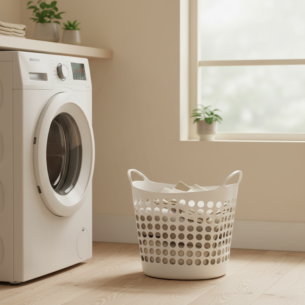LIND Flexible Laundry Basket, styled in a laundry room