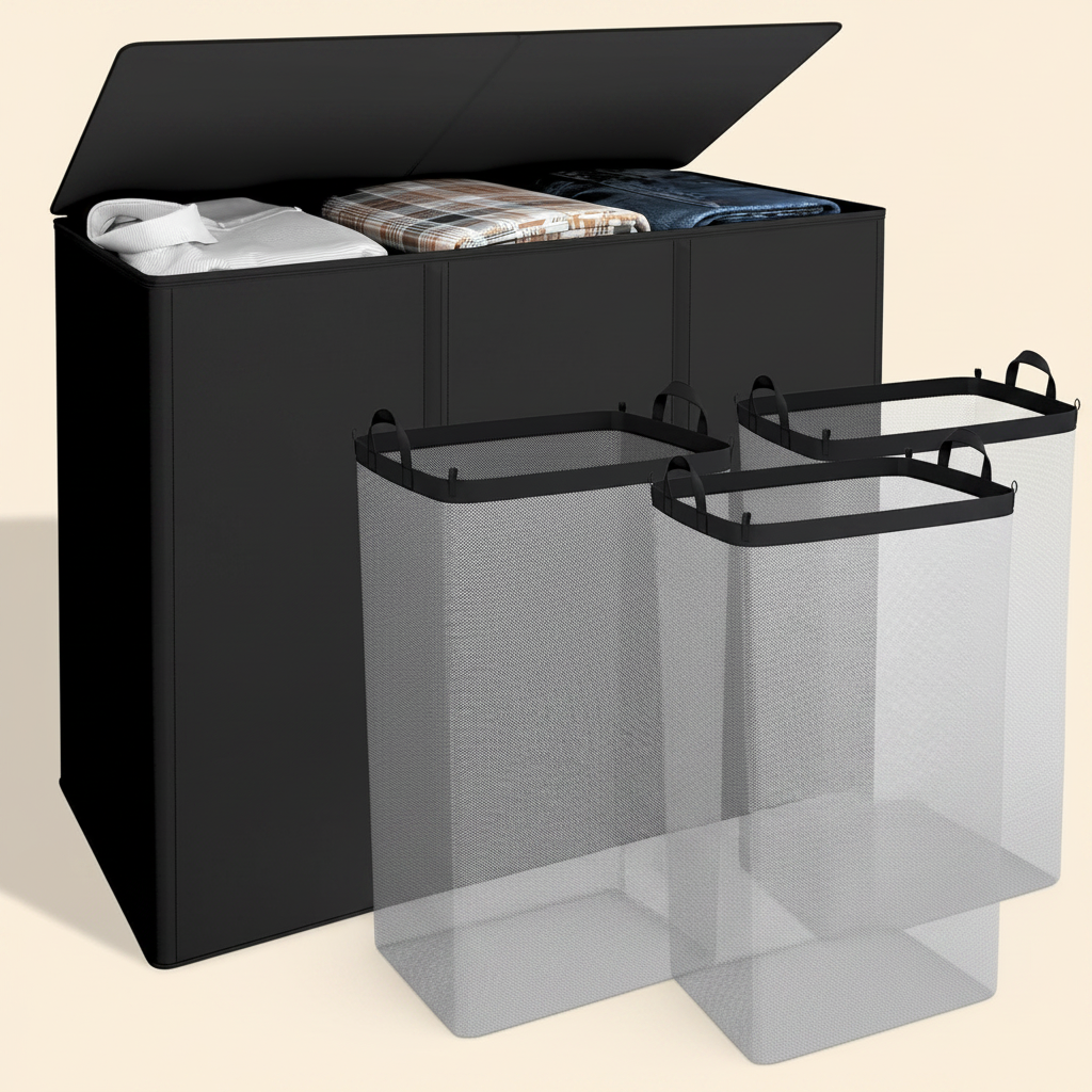 LIND 195L three-section laundry hamper with lid and removable sorting bags