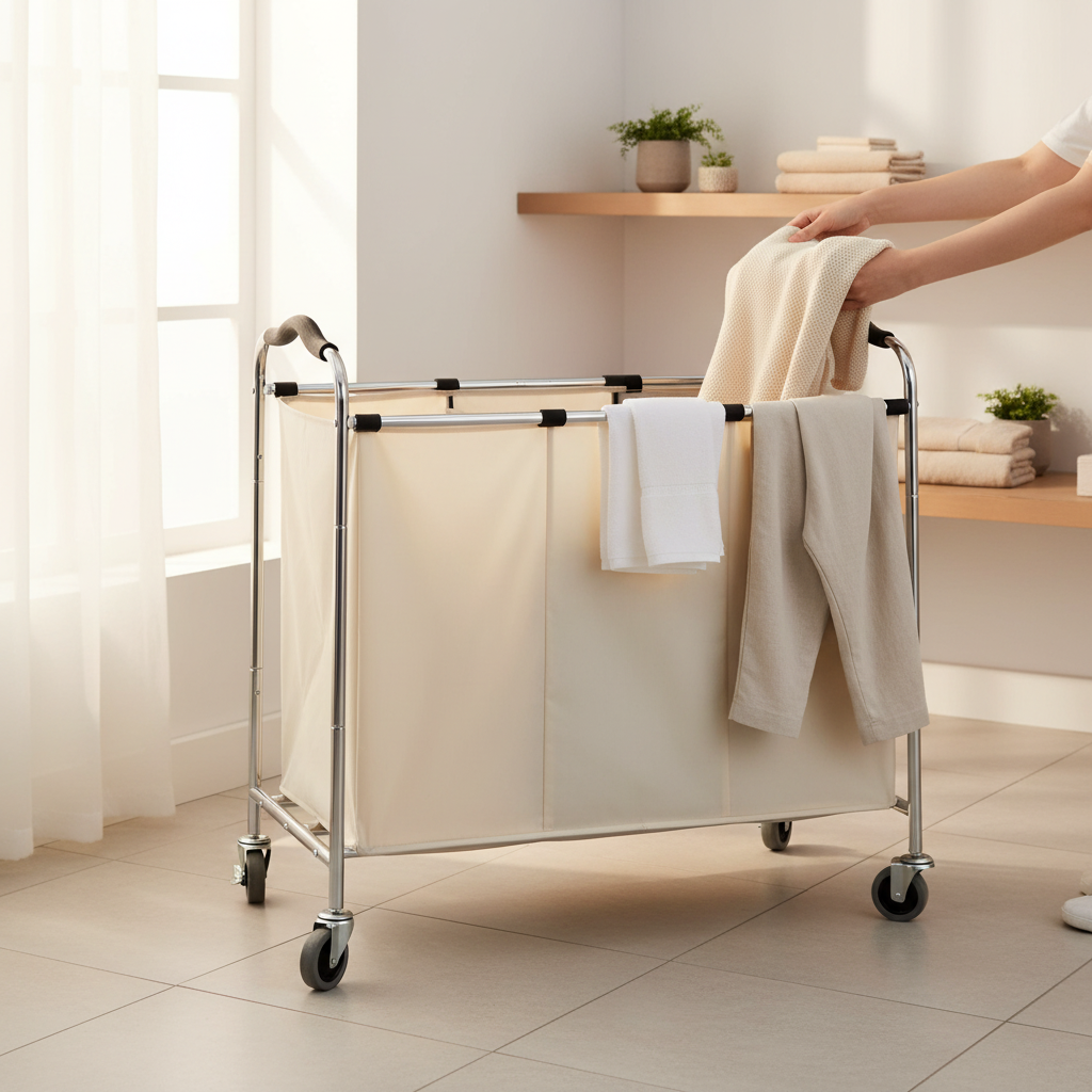 LIND Large 3-Section Rolling Laundry Sorter, styled in a laundry room