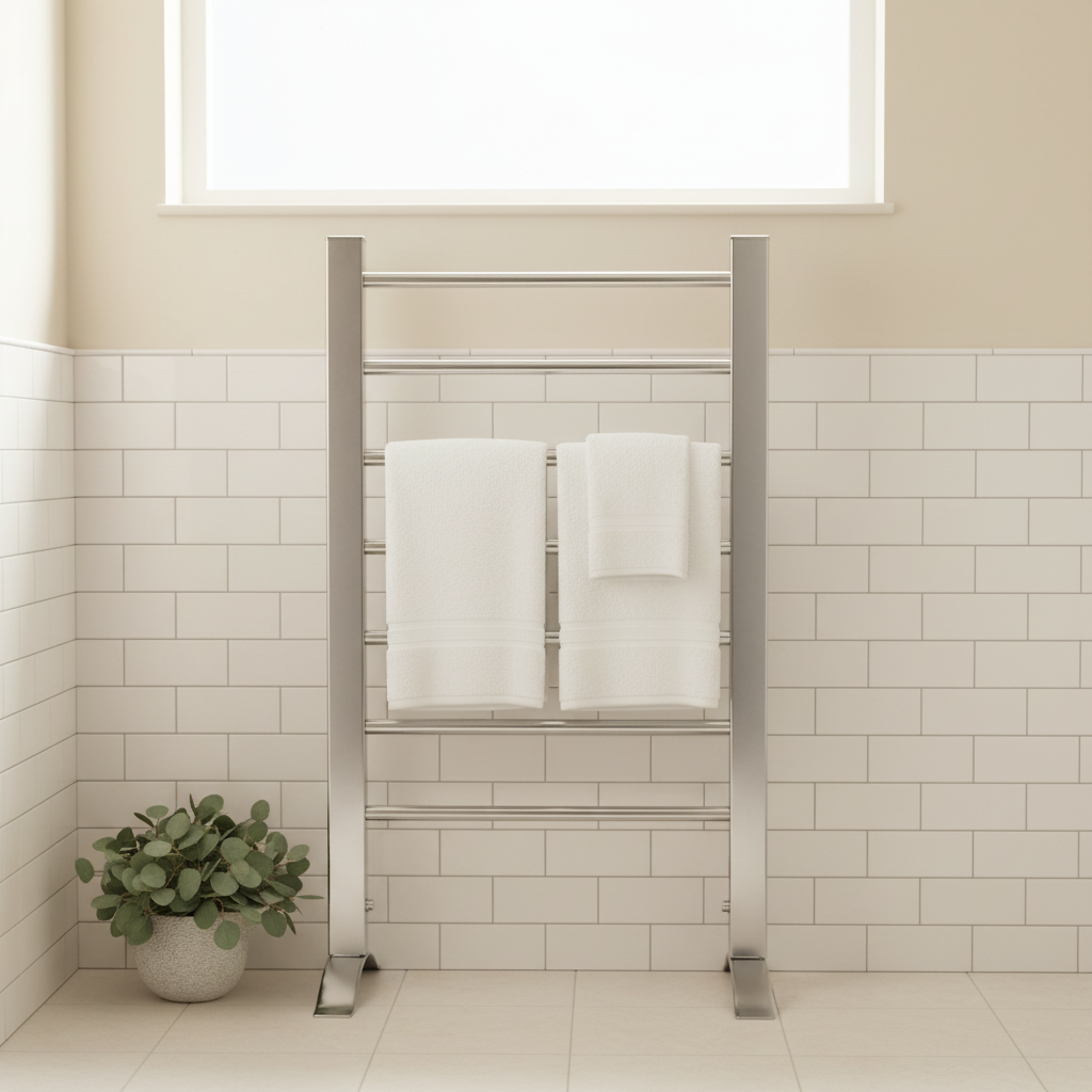 LIND 6-Bar Electric Towel Warmer, styled in a bathroom