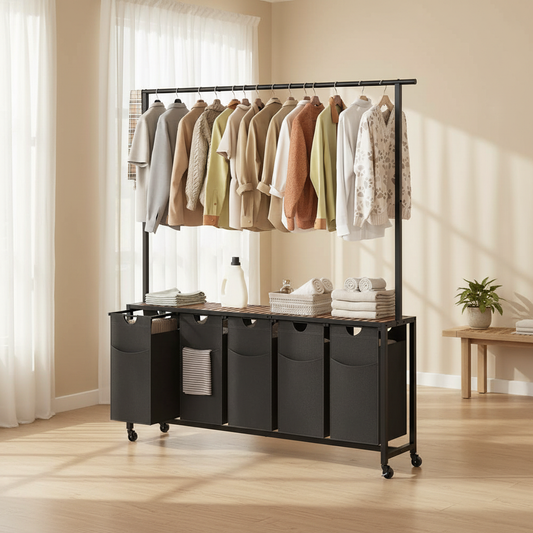 LIND 5-Section Laundry Sorter, lifestyle view in a laundry room