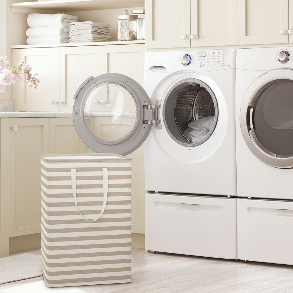 LIND Collapsible Laundry Baskets, styled in a laundry room