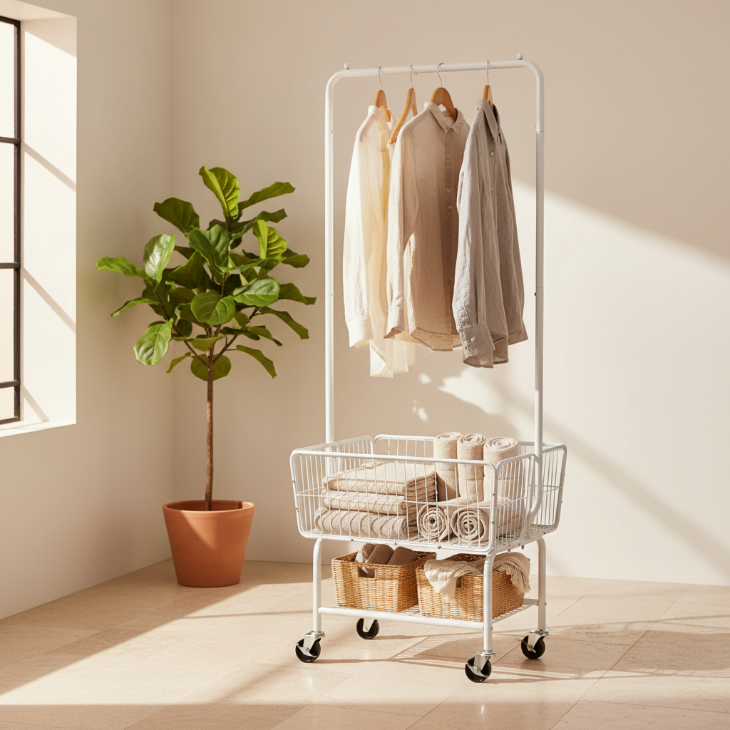 LIND Rolling Laundry Cart, styled in a laundry room