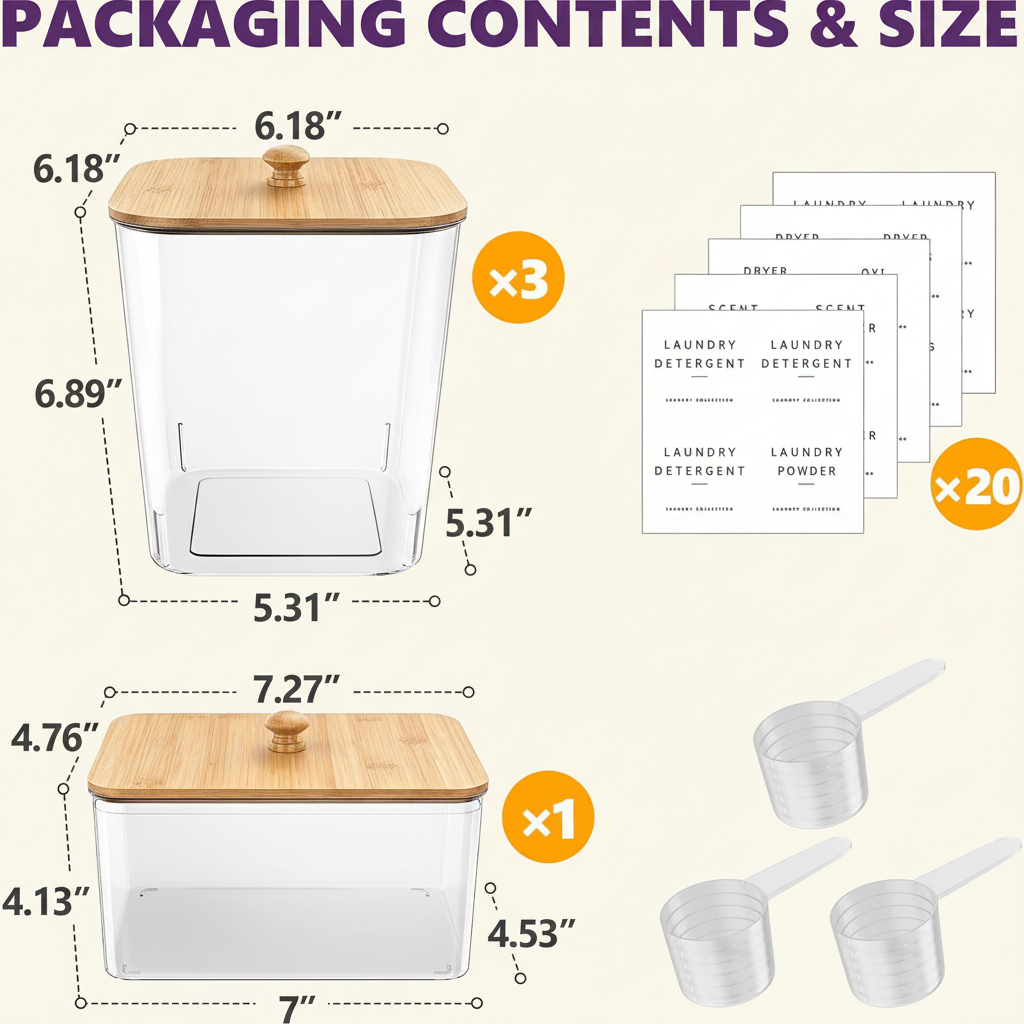 LIND Bamboo Lid Laundry Pod Jars, packaging and dimensions