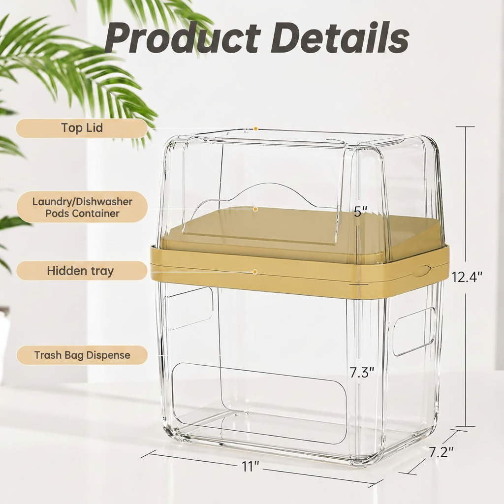 LIND 3-in-1 Clear Acrylic Pod & Trash Bag Dispenser, product details