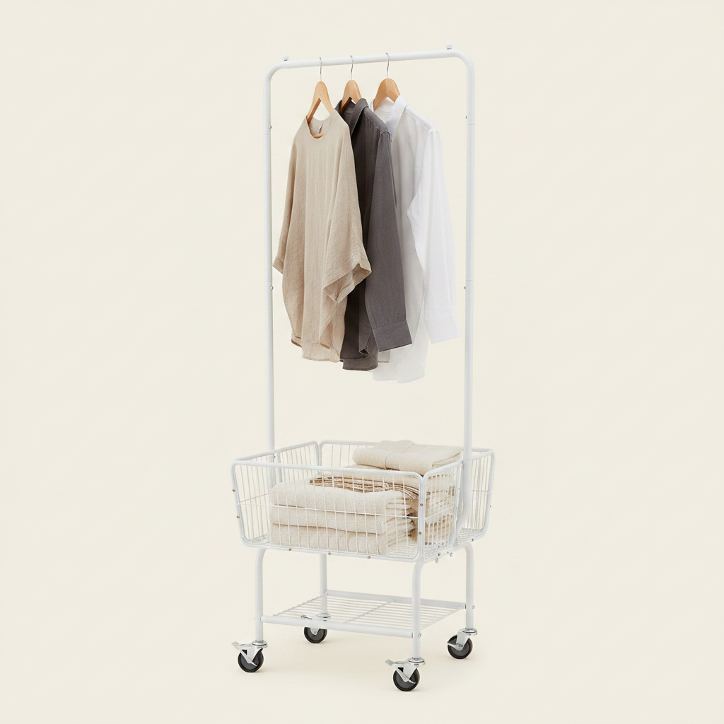 LIND Rolling Laundry Cart with hanging rack, product view