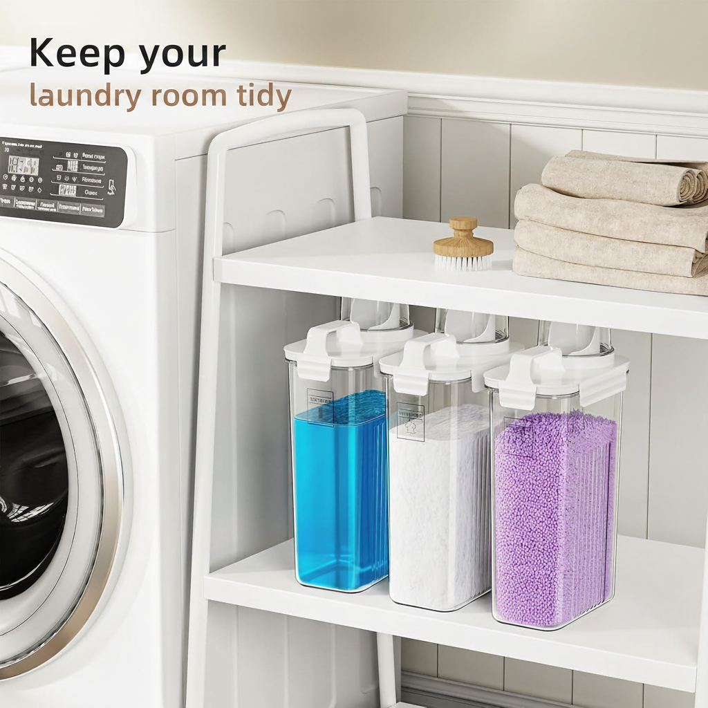 LIND 94oz Laundry Detergent Dispenser, styled on a shelf