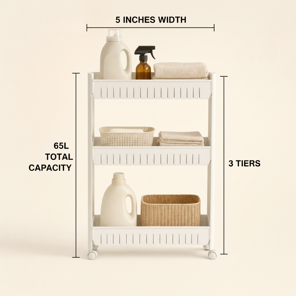 Slim 3-Tier Rolling Storage Cart – With Dimensions