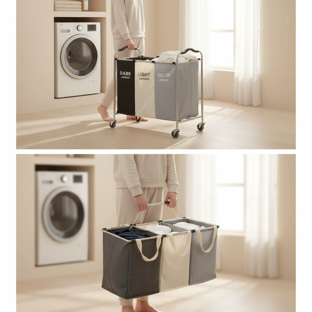 LIND Large 3-Section Rolling Laundry Sorter, folded and unfolded views