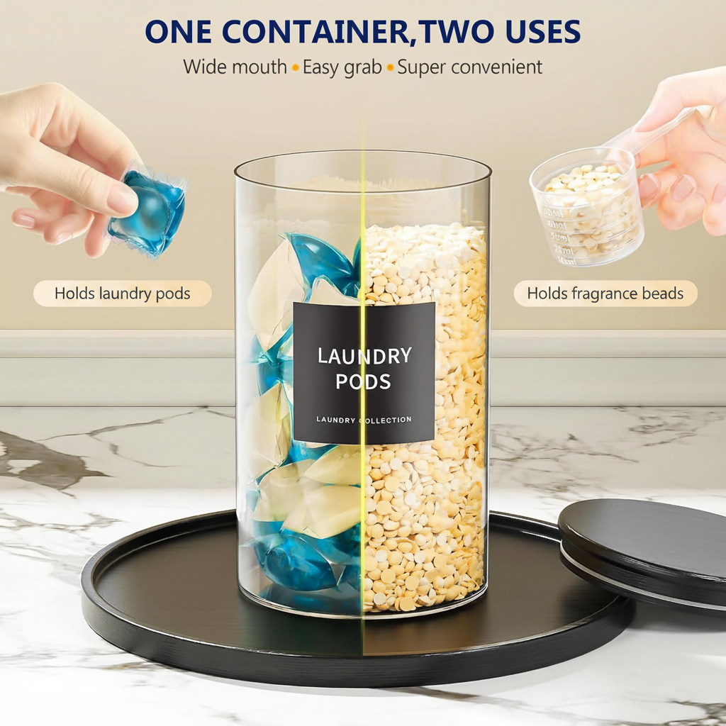 LIND Detergent Dispenser & Pod Jar Set, two uses shown