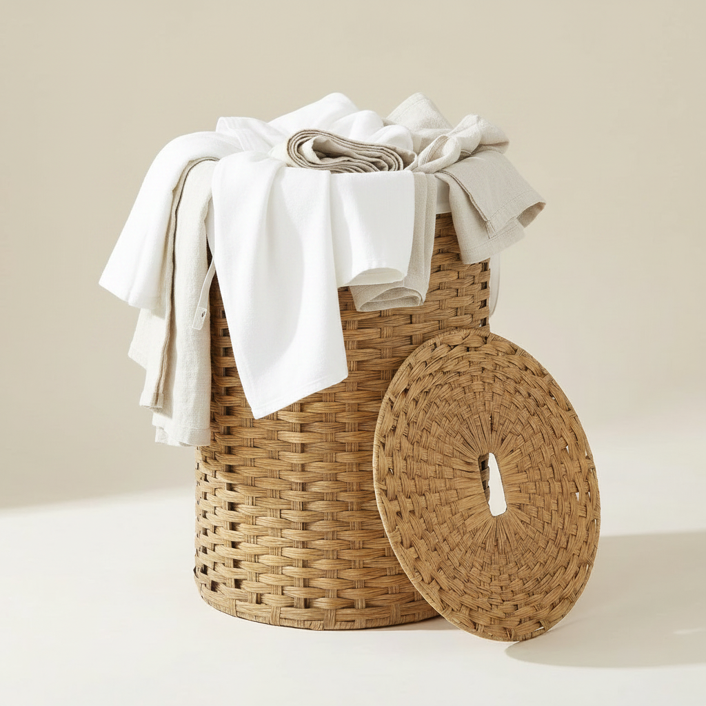 Wicker hamper lid off with liner